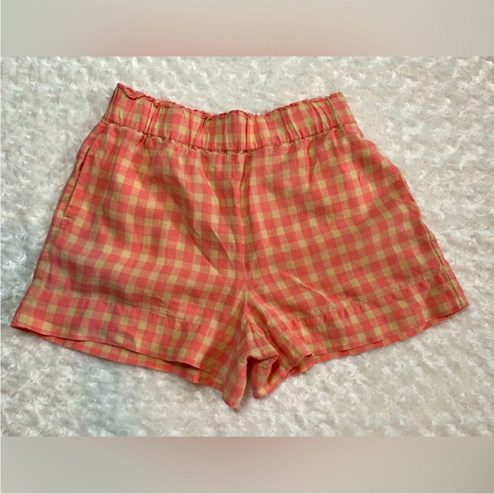 Lou & Grey tan/pink gingham 100% linen shorts size medium
